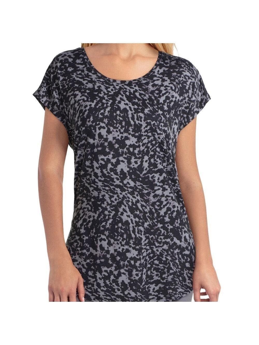 H HALSTON STUDIO Scoop Neck Patterned High/low T-shirt ABSTRACT ANIMAL